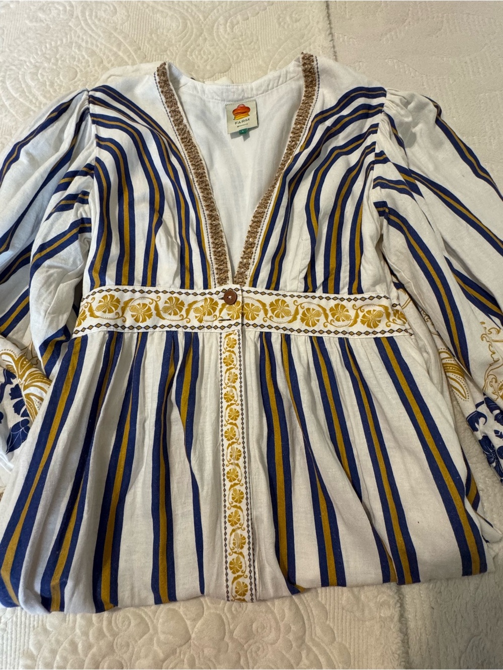 FARM Rio Button-Front Maxi Dress in White, Navy & Gold - Size L - Picture 5 of 6